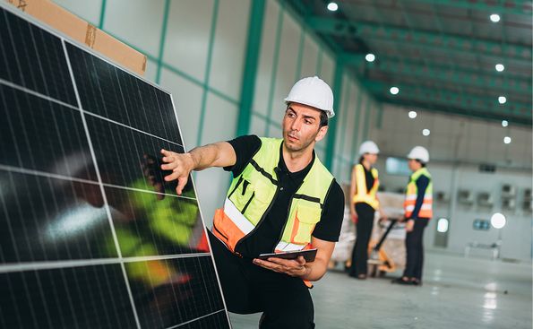 Installateur de panneaux solaires accroupi près d'un panneau solaire