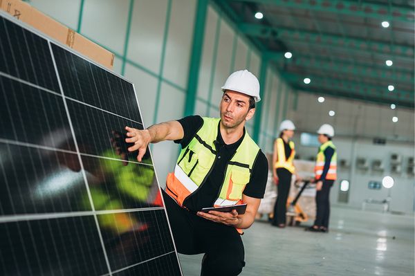Installateur de panneaux solaires accroupi près d'un panneau solaire