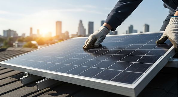 Homme avec la main droite sur un panneau solaire